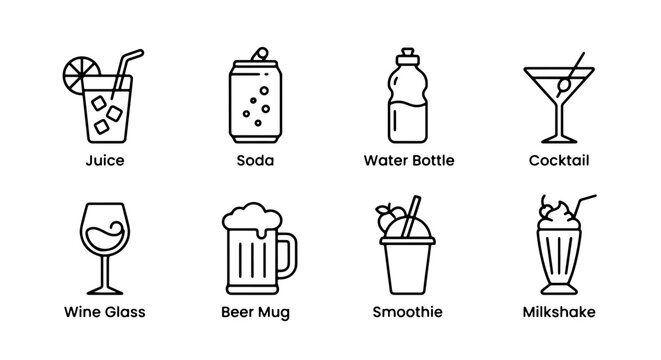 Drink line icon set with juice, soda can, water bottle, cocktail, wine glass, beer mug, smoothie and milkshake for app and web