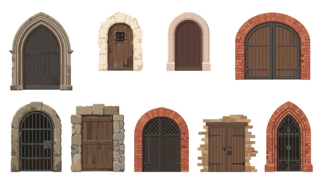 Medieval castle wooden doors and arches vector illustration collection featuring antique stone gates dungeon bars and iron grilles set