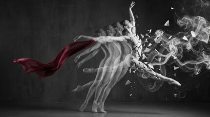 Fototapeta premium Ballerina performing ballet movement transforming into ceramic porcelain fragment particle with red silk ribbon flowing inside dark studio space representing artistic creative dance metamorphosis
