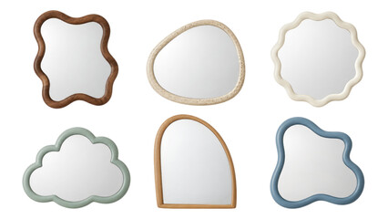 Fototapeta premium Six decorative wall mirrors with organic wavy shapes and mixed frames-wood, stone, ceramic-in soft pastel and neutral tones, including cloud, scalloped, pebble and arch designs