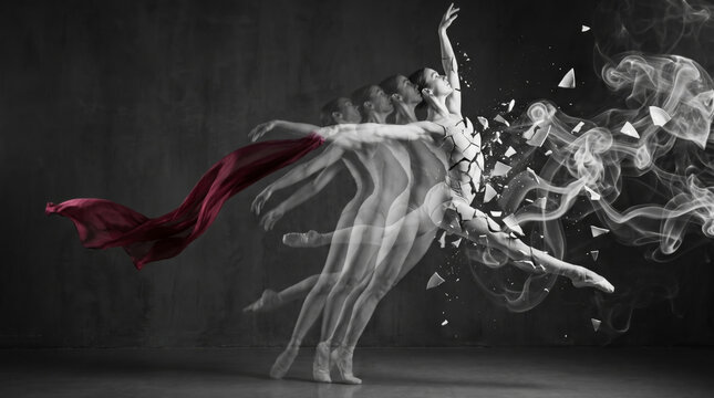 Ballerina performing ballet movement transforming into ceramic porcelain fragment particle with red silk ribbon flowing inside dark studio space representing artistic creative dance metamorphosis