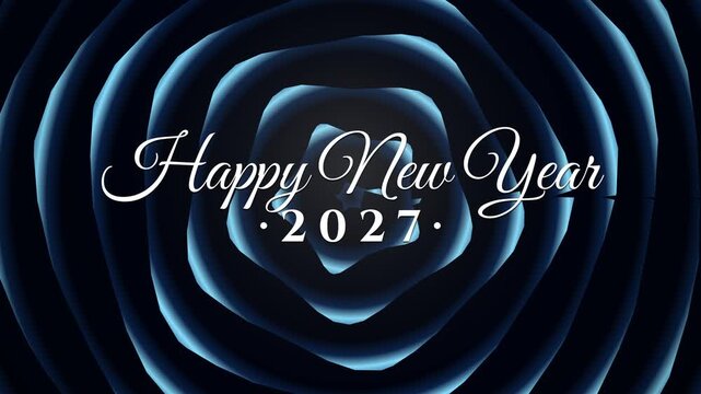 Happy New Year 2027 greeting animation with sapphire blue geometric layers