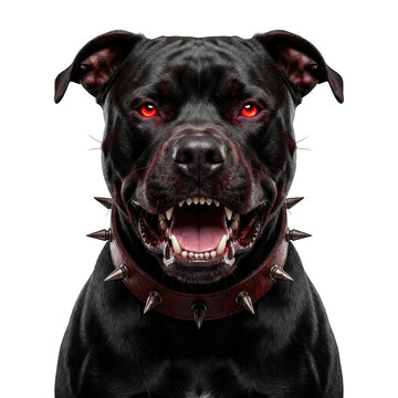 Aggressive black pit bull dog with glowing red eyes and a spiked leather collar isolated on transparent background