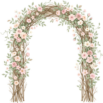 Watercolor floral wedding arch with pink roses, green leaves and woven twig branches, romantic rustic garden decoration, isolated on white background