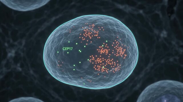 Microscopic cell nucleus genetic analysis for medical education illustrating chromosomal probes and molecular biology