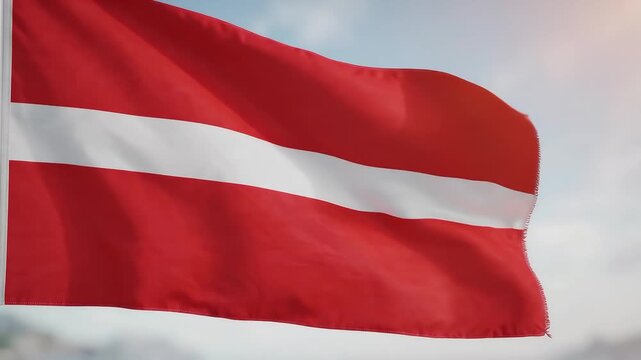 Latvian Flag Waving in the Wind Against a Cloudy Sky