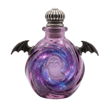 Decorative purple glass potion bottle with bat wings and a galaxy ghost inside isolated on transparent background