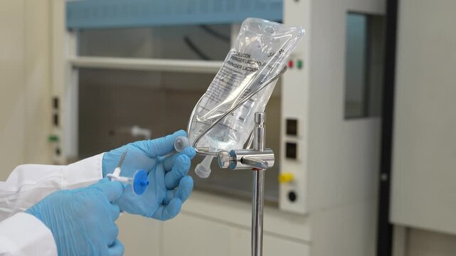 Scientist removing transfer needle from Ringer lactate IV bag and taking bag off lab stand during sterility test