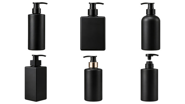Six matte black pump bottles in various cylindrical and rectangular shapes arranged in two rows on a transparent background