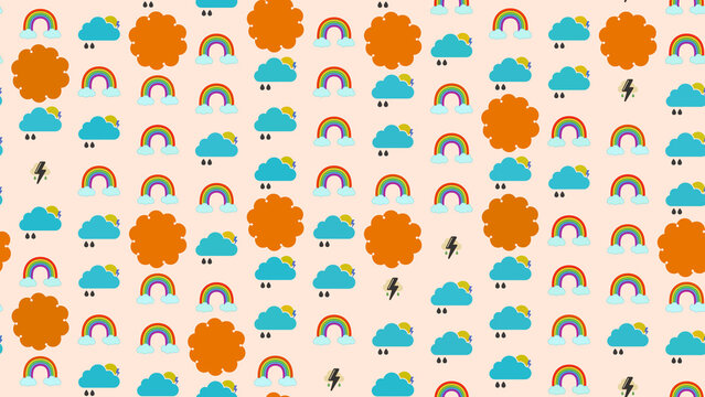Weather icons seamless pattern with clouds and rainbows