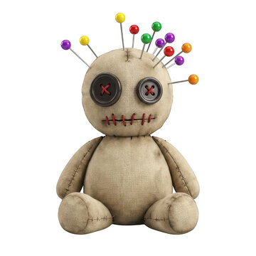 Voodoo doll with colorful pins isolated on transparent background