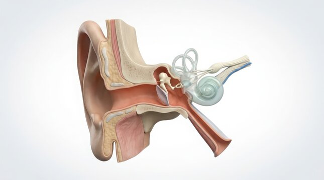 3D Anatomical Model of the Human Ear Showing Outer Middle and Inner Ear Structures Keywords: human ear anatomy, inner ear, outer ear, middle ear, cochlea, semicircular canals, eustachian tube