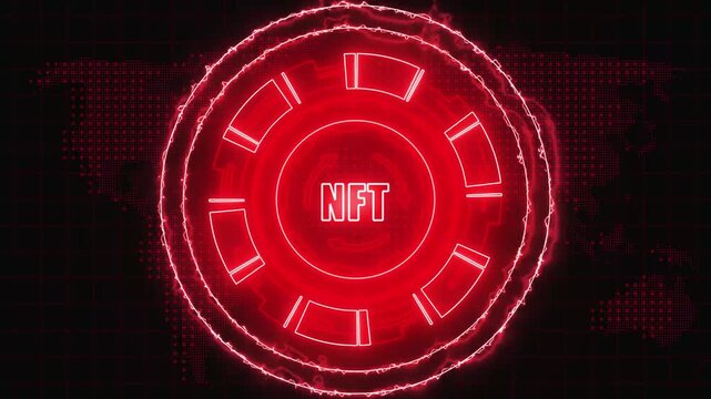 HUD element animation displays crypto token data over a world map. Blockchain asset data routes across HUD element. Global finance monitors HUD element.