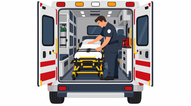 Rear view of male paramedic checking stretcher inside open parked ambulance with oxygen tank, medical equipment and emergency gear, bold flat vector illustration on clean white background