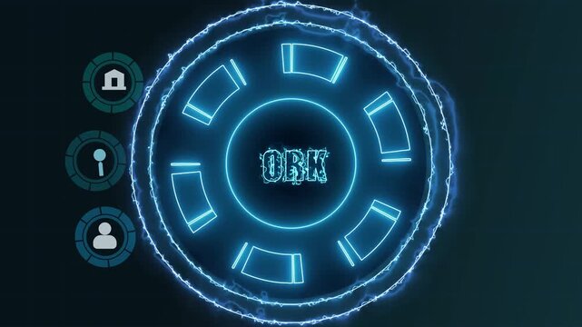 Circular HUD animation displays organizational work icons on dark. Workforce data coordinates guide circular HUD. Modern workflow systems operate circular HUD.