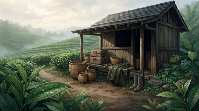 Tea plantation wooden hut with wicker baskets and harvesting tools in a misty mountain landscape illustration