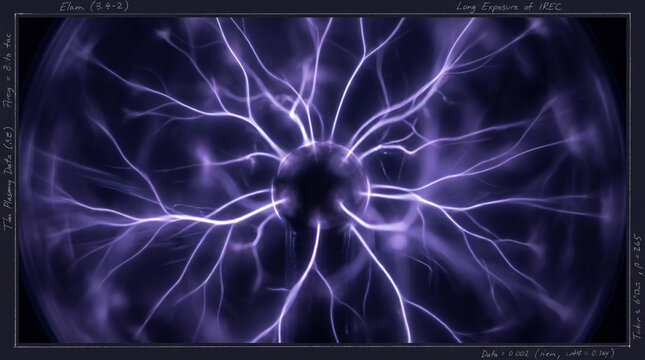 Plasma filament electric halo orb energy science experiment physics spark electricity neon light violet color radiation ionized gas laboratory power discharge technology study voltage loop animation