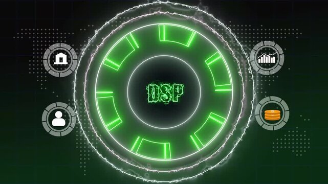 HUD display animation connects data service provider icons on dark. Global telecom data routes across HUD display. Planetary network systems power HUD display.