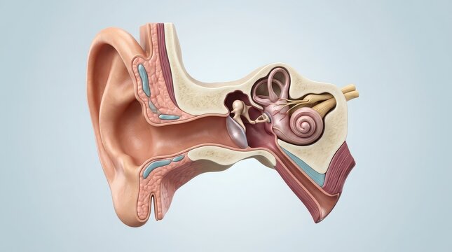 Anatomical cross-section of the human ear showing internal structures and outer ear anatomy internal ear