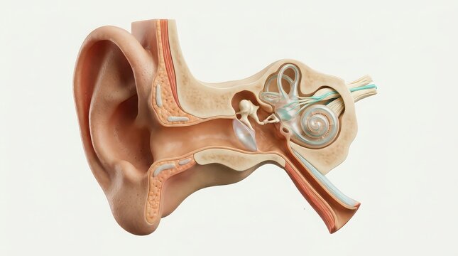 Anatomical Cross- Section of the Human Ear Showing Outer Middle and Inner Structures Keywords: human ear, anatomy, cross-section, outer ear, middle ear, inner ear, cochlea, semicircular canals