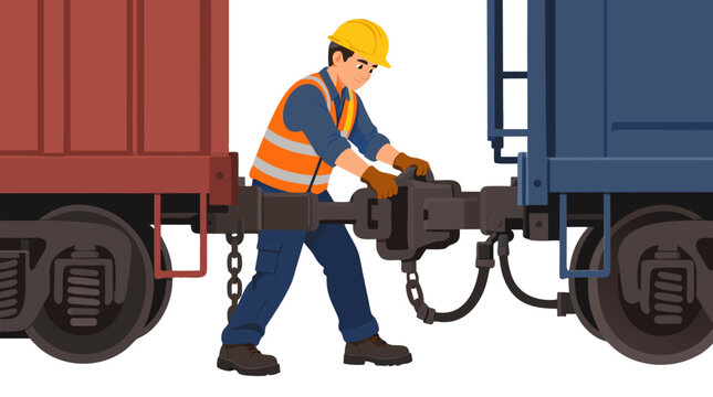 Young railway worker in yellow hard hat and orange safety vest coupling heavy freight train coupler between red and blue cargo wagons at quiet yard, bold flat vector illustration isolated on white