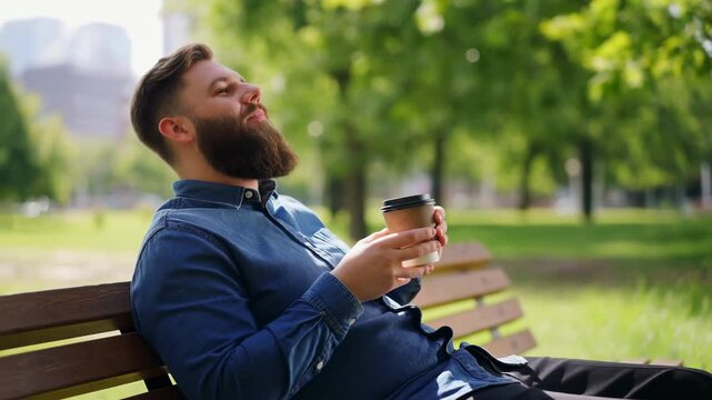 Bearded man drinks from takeaway cup while reclining on wooden park bench, then lowers cup and leans back in sunlight amid green trees, grass, and softly blurred city buildings