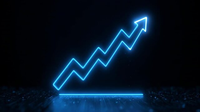 Blue neon zigzag growth chart arrow ascending against dark textured background with subtle light reflection