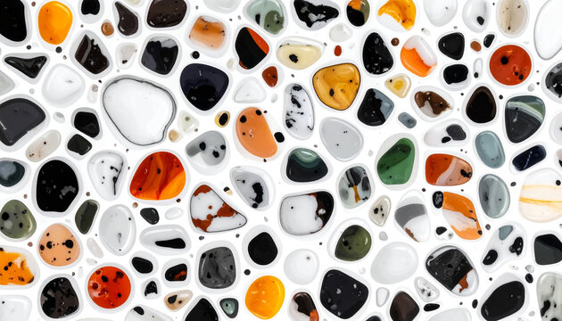 Abstract pattern background featuring colorful polished gemstones and smooth terrazzo stones in black, white, orange, and grey, arranged neatly on a clean white surface for design.