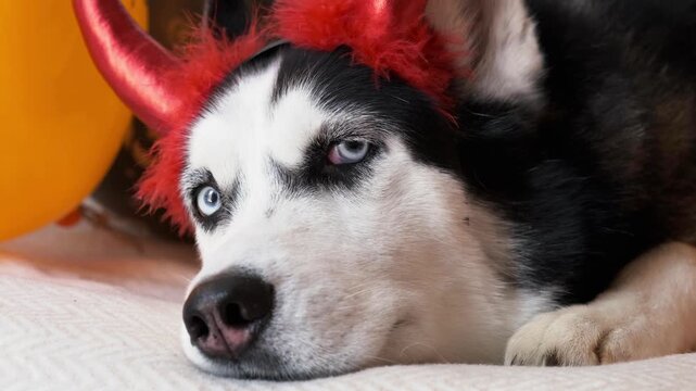 Grumpy husky in red devil horns lying on bed moves eyebrows and looks with side eye, close up. Concept of grumpy pet with funny facial expressions, grumpy face for memes, pet blogs and social media