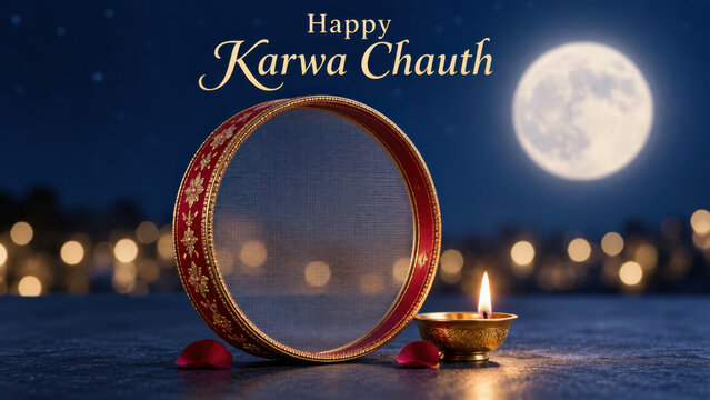 Happy Karwa Chauth night sky banner, festive greeting card layout with glowing bokeh lights