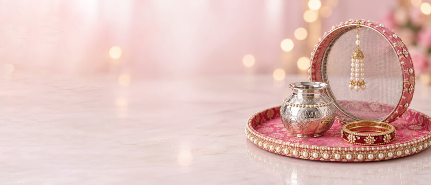 Karwa chauth puja thali with a silver water vessel, beaded pink sieve beside an offering bowl, copy space