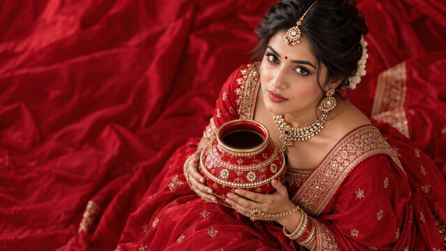 Woman holding a decorated karwa vessel for karwa chauth, embroidered red saree with traditional shringar jewelry, mehndi hands around a ceremonial water pot