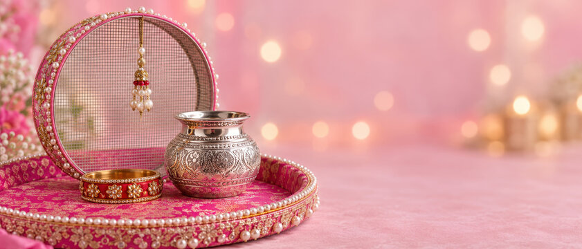 Karwa chauth puja thali with silver karwa pot decorated sieve bangles pearl trim pink textiles, devotional fasting ritual moonrise worship indian bridal tradition copy space