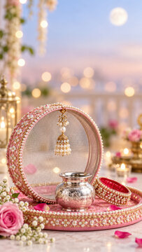 Decorated Karwa Chauth puja thali with ornate sieve silver karwa pot bridal bangles and moonlit festive copy space