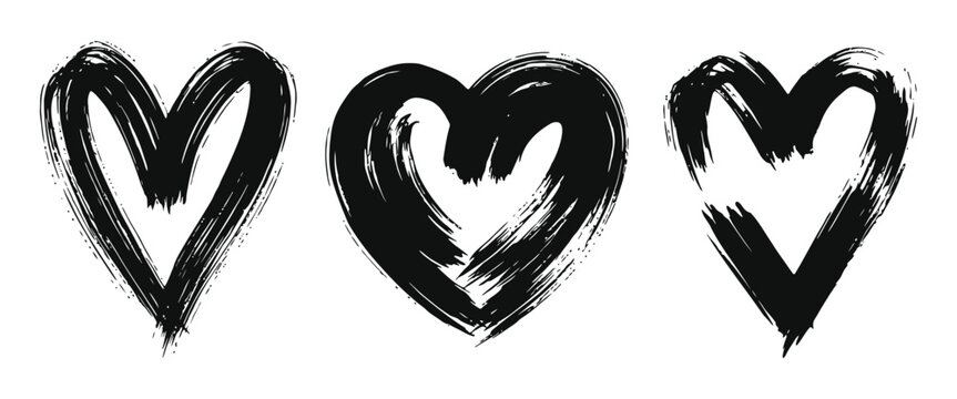 Hand painted black hearts with textured brush strokes on white background vector illustration