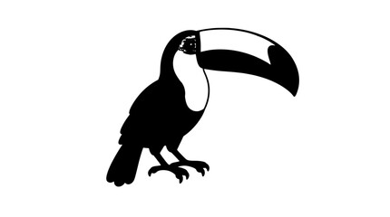 Fototapeta premium Colorful vector illustration of a toucan with oversized yellow and orange bill, black plumage, yellow throat and blue eye, drawn with bold black outlines in profile pose accentuating beak shape