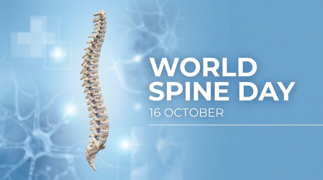World spine day medical concept with human vertebral column anatomy model on blue background, 16 october awareness event, spinal health and chiropractic care