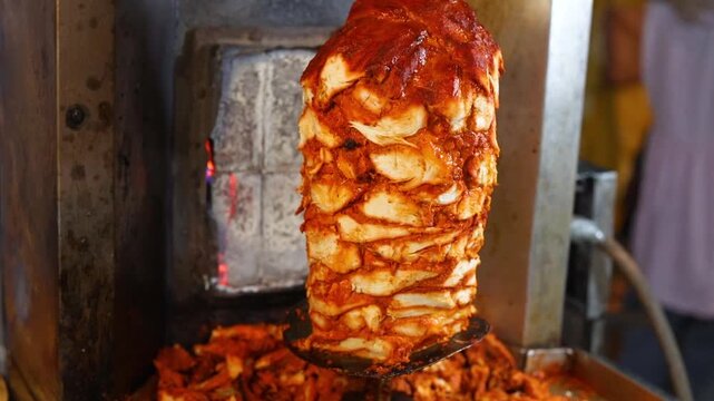 Shawarma a popular Middle Eastern street food made of thin slices of meat (traditionally lamb, mutton, or chicken) stacked in an inverted cone and roasted on a slow-turning vertical spit