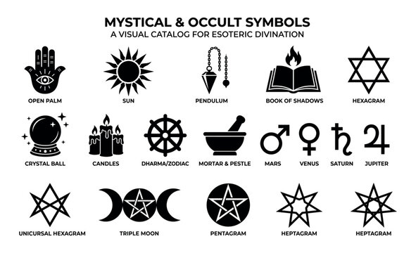Visual catalog of mystical and occult symbols for esoteric divination, including pentagram, hexagram, and zodiac, on white background