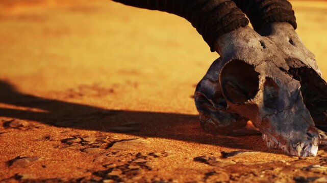 A weathered animal skull rests on the parched earth, its dark contours casting shadows on the golden terrain. The scene evokes a sense of desolation and the passage of time.