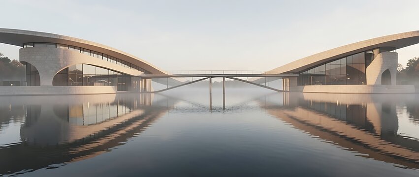 Modern bridge connecting two symmetrical buildings over a calm misty lake