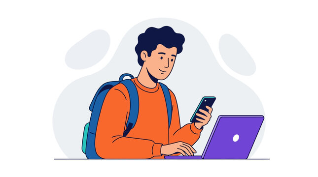 Modern Student Lifestyle young man with backpack using smartphone and laptop in flat vector style ideal for educational blogs and digital nomad concepts.