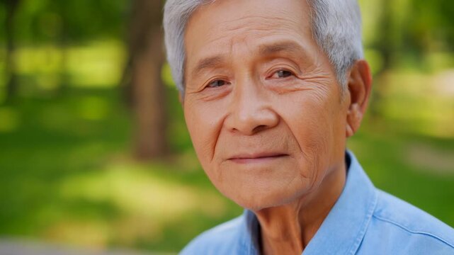 Older man holds steady gaze toward camera in sunlit green park, wearing light blue collared shirt as softly blurred trees and pathway frame calm outdoor close-up portrait