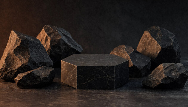 Hexagonal black stone product display stand surrounded by natural dark rocks for luxury cosmetic or jewelry presentation