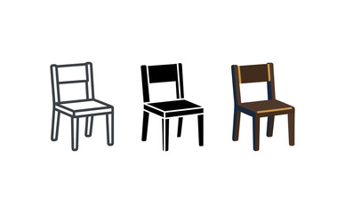 Fototapeta premium Three wooden chairs in outline solid and colored graphic style icons