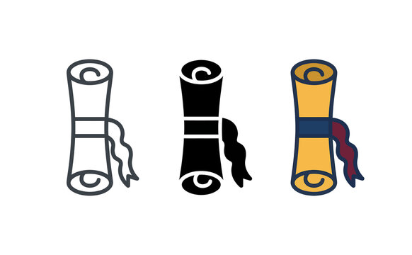 Three rolled paper scroll icons outline solid and color academic style