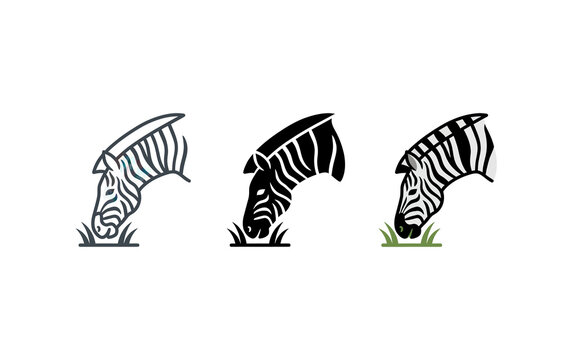 Three zebra head eating grass icons with outline, solid and color style