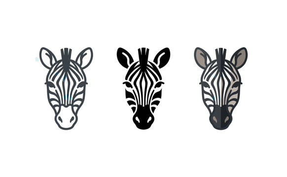 Three zebra head portraits with distinct graphic minimalist styles design