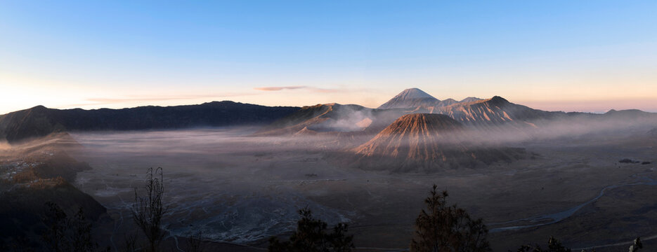Panorama of  Sunrise at volcano Bromo, Java island, Indonesia. Panoramic aerial view