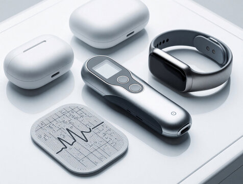 Modern electronic medical gadgets on white surface. Portable TENS device with electrode pad for pain relief. Smart fitness tracker, wireless earbuds for health monitoring. Digital tech tools for